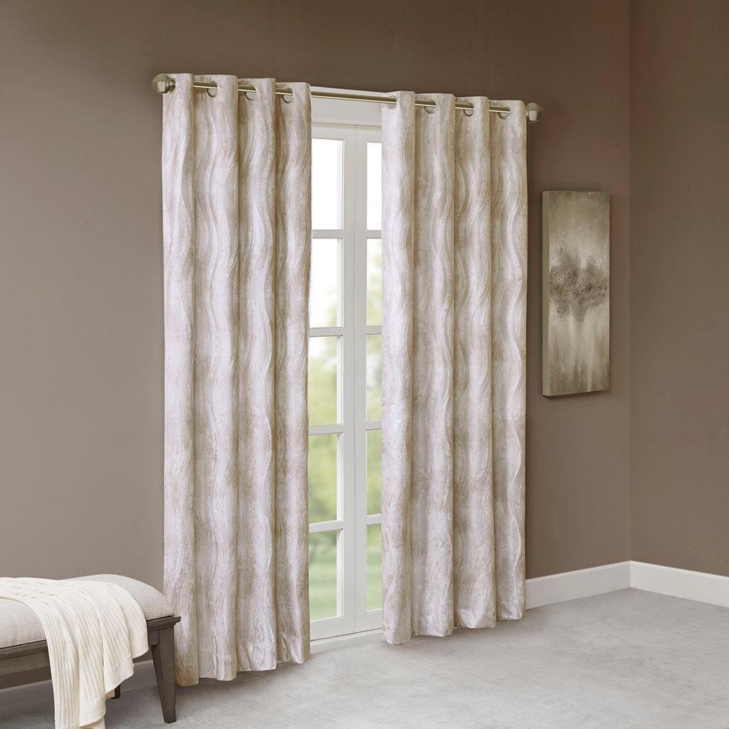 Olliix.com Curtains - Victorio 108 H Printed Jacquard Grommet Top Total Blackout Curtain Ivory