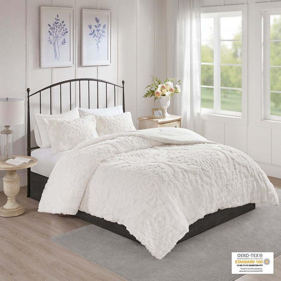 Olliix.com Comforters & Blankets - Viola 3 Piece Tufted Cotton Chenille Damask Comforter Set White King/Cal King