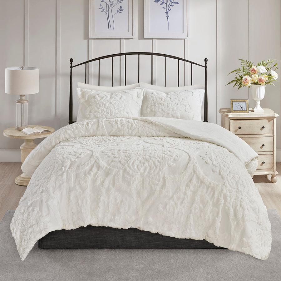 Olliix.com Comforters & Blankets - Viola 3 Piece Tufted Cotton Chenille Damask Comforter Set White King/Cal King