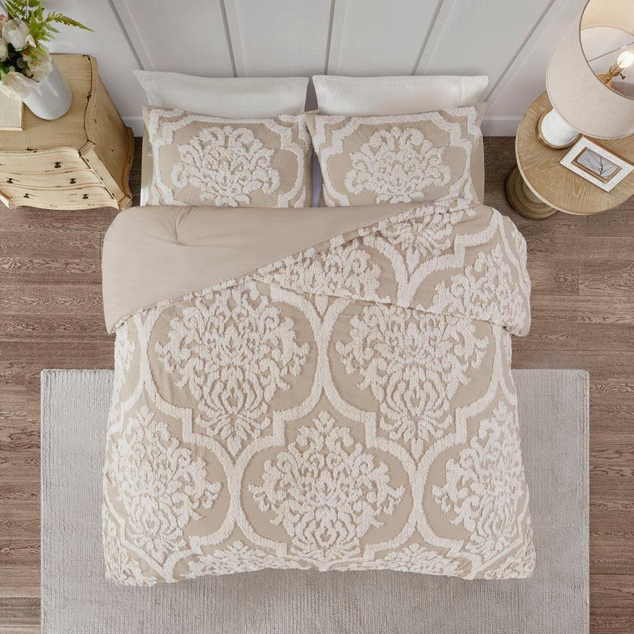 Olliix.com Comforters & Blankets - Viola Full/Queen 3 Piece Tufted Cotton Chenille Damask Comforter Set Taupe