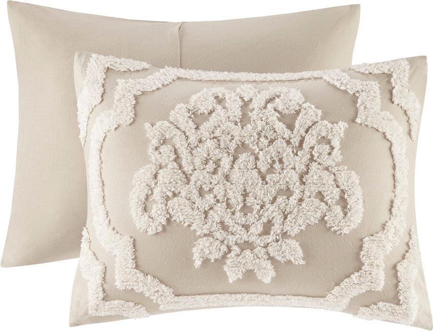 Olliix.com Comforters & Blankets - Viola Full/Queen 3 Piece Tufted Cotton Chenille Damask Comforter Set Taupe