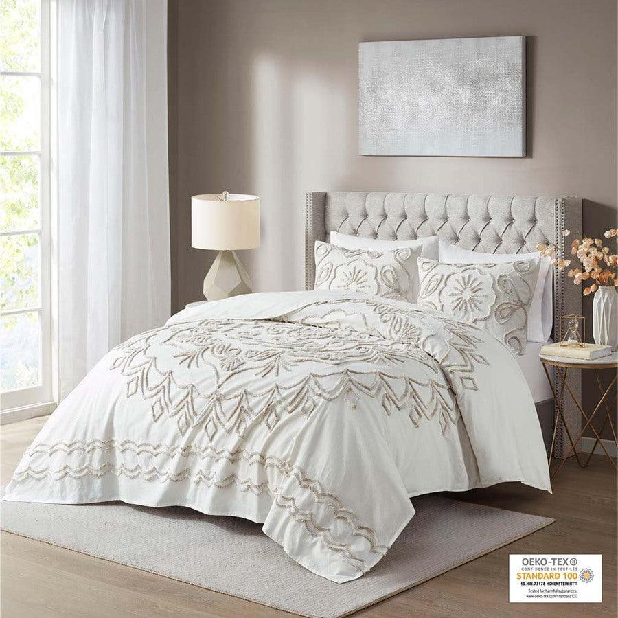 Olliix.com Comforters & Blankets - Violette Full/Queen 3 Piece Tufted Cotton Chenille Coverlet Set Ivory & Taupe