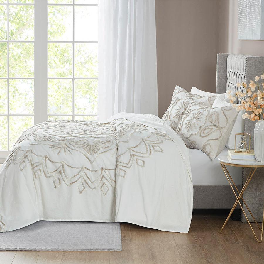 Olliix.com Comforters & Blankets - Violette Full/Queen 3 Piece Tufted Cotton Chenille Coverlet Set Ivory & Taupe
