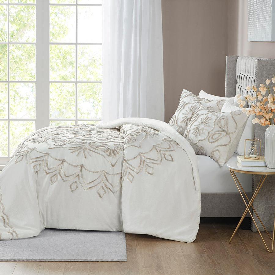 Olliix.com Comforters & Blankets - Violette Full/Queen 3 Piece Tufted Global Inspired Cotton Chenille Comforter Set Ivory & Taupe