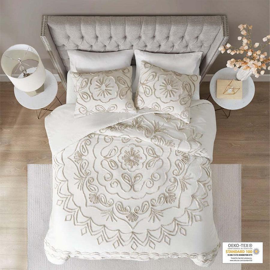 Olliix.com Duvet & Duvet Sets - Violette Global Inspired 3 Piece Tufted Cotton Chenille Duvet Cover Set Full/Queen Ivory & Taupe