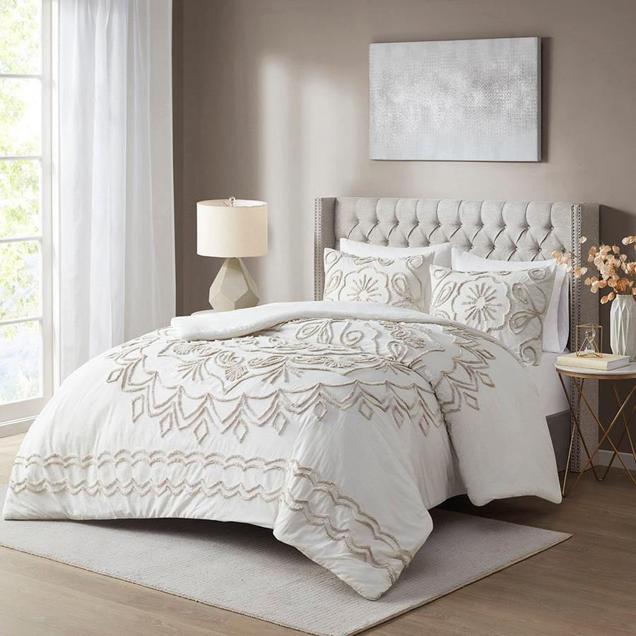 Olliix.com Duvet & Duvet Sets - Violette Global Inspired 3 Piece Tufted Cotton Chenille Duvet Cover Set Full/Queen Ivory & Taupe
