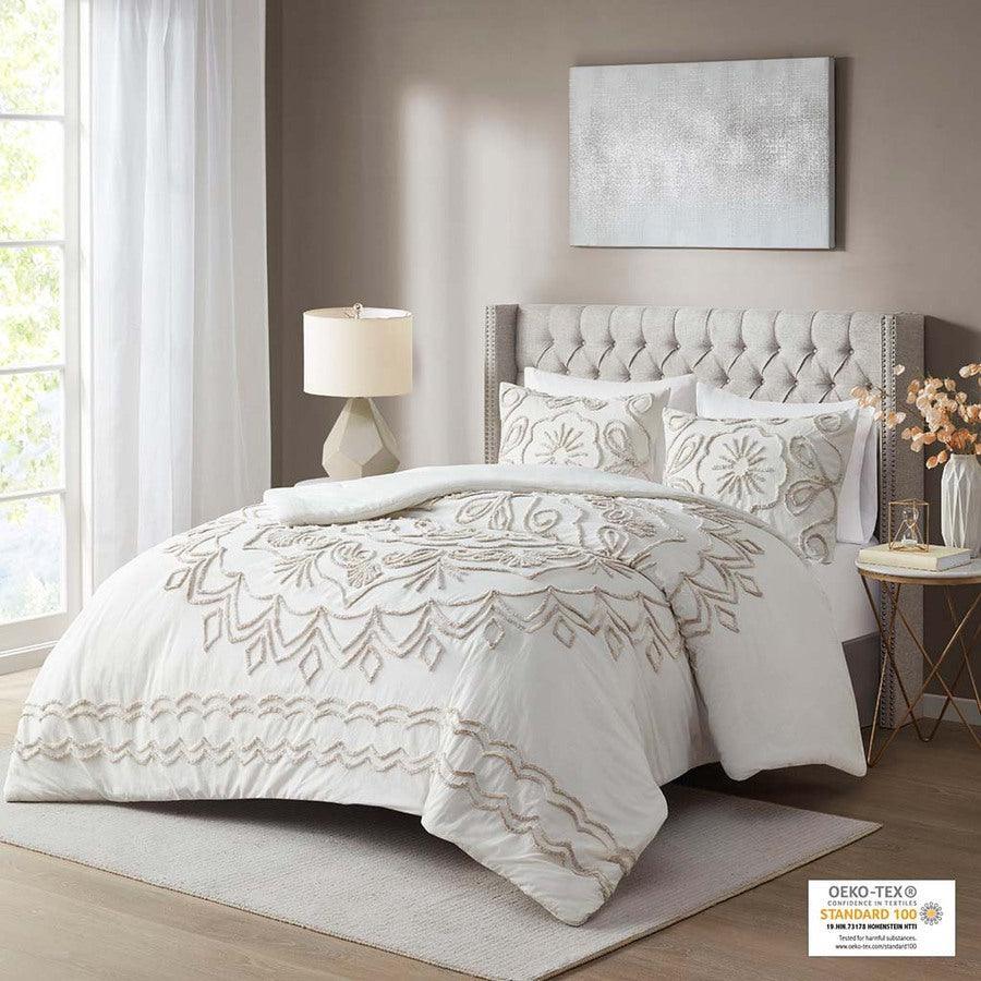 Olliix.com Comforters & Blankets - Violette King/California King 3 Piece Tufted Cotton Chenille Comforter Set Ivory & Taupe