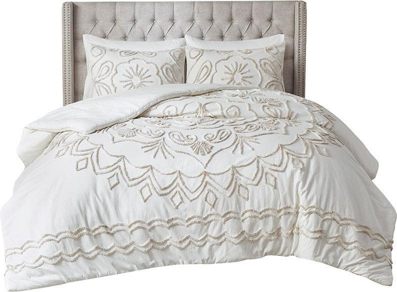Olliix.com Comforters & Blankets - Violette King/California King 3 Piece Tufted Cotton Chenille Comforter Set Ivory & Taupe