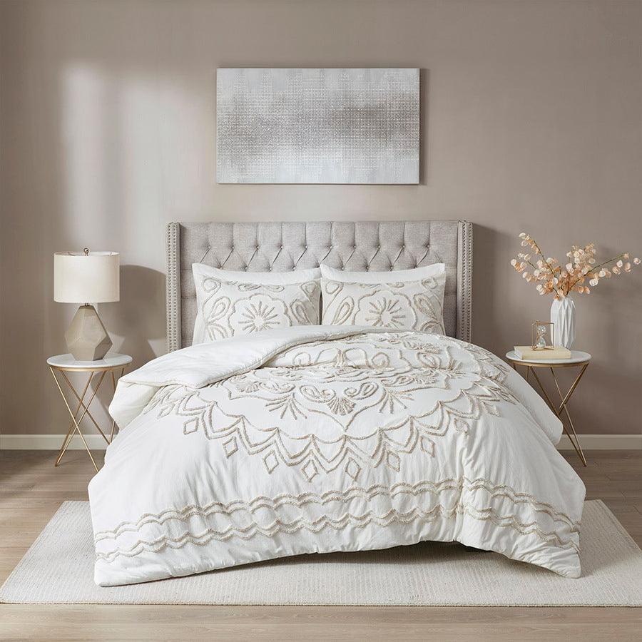 Olliix.com Comforters & Blankets - Violette King/California King 3 Piece Tufted Cotton Chenille Comforter Set Ivory & Taupe