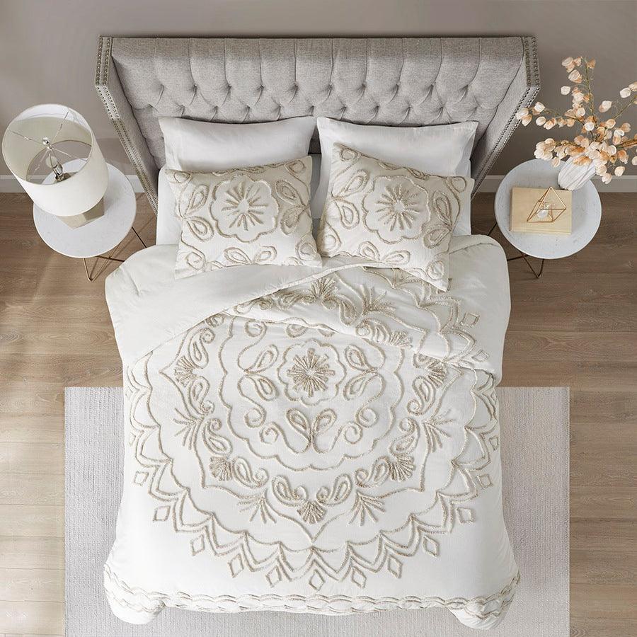 Olliix.com Comforters & Blankets - Violette King/California King 3 Piece Tufted Cotton Chenille Comforter Set Ivory & Taupe