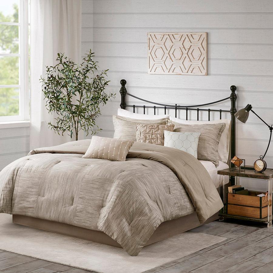 Olliix.com Comforters & Blankets - Walter Coastal 7 Piece Printed Seersucker Comforter Set Taupe King