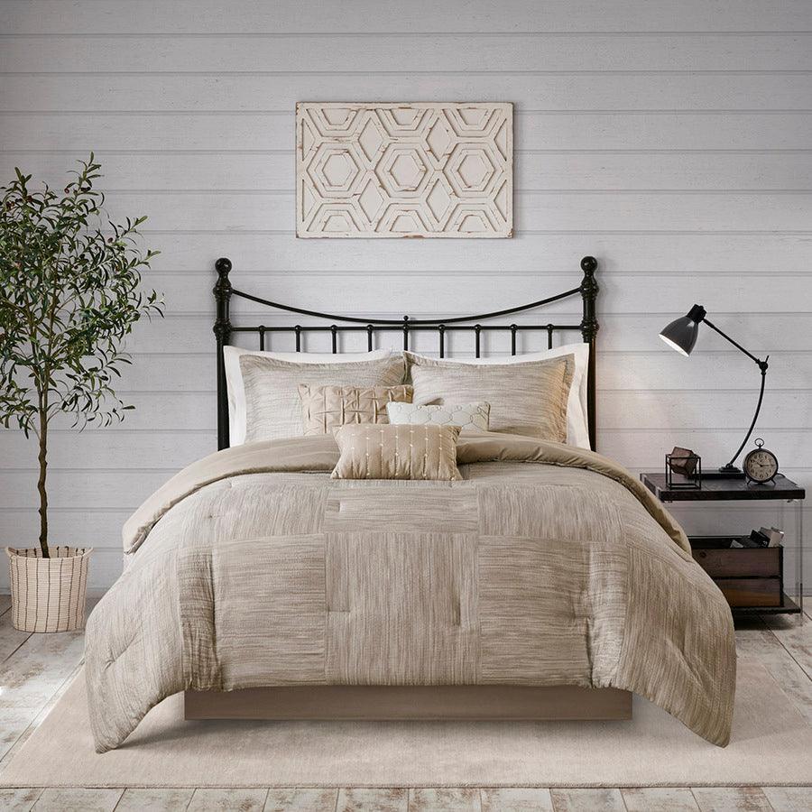 Olliix.com Comforters & Blankets - Walter Coastal 7 Piece Printed Seersucker Comforter Set Taupe King