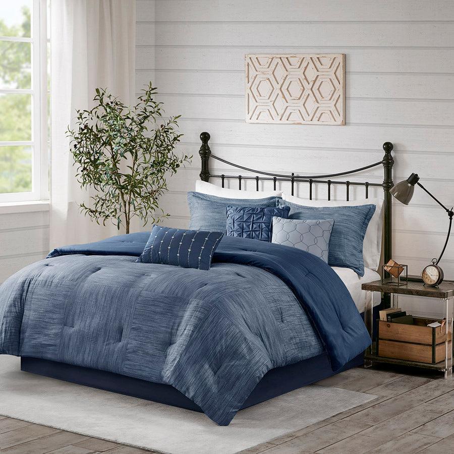 Olliix.com Comforters & Blankets - Walter Queen 7 Piece Printed Seersucker Comforter Set Navy
