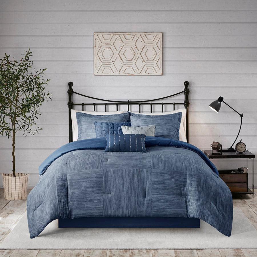 Olliix.com Comforters & Blankets - Walter Queen 7 Piece Printed Seersucker Comforter Set Navy