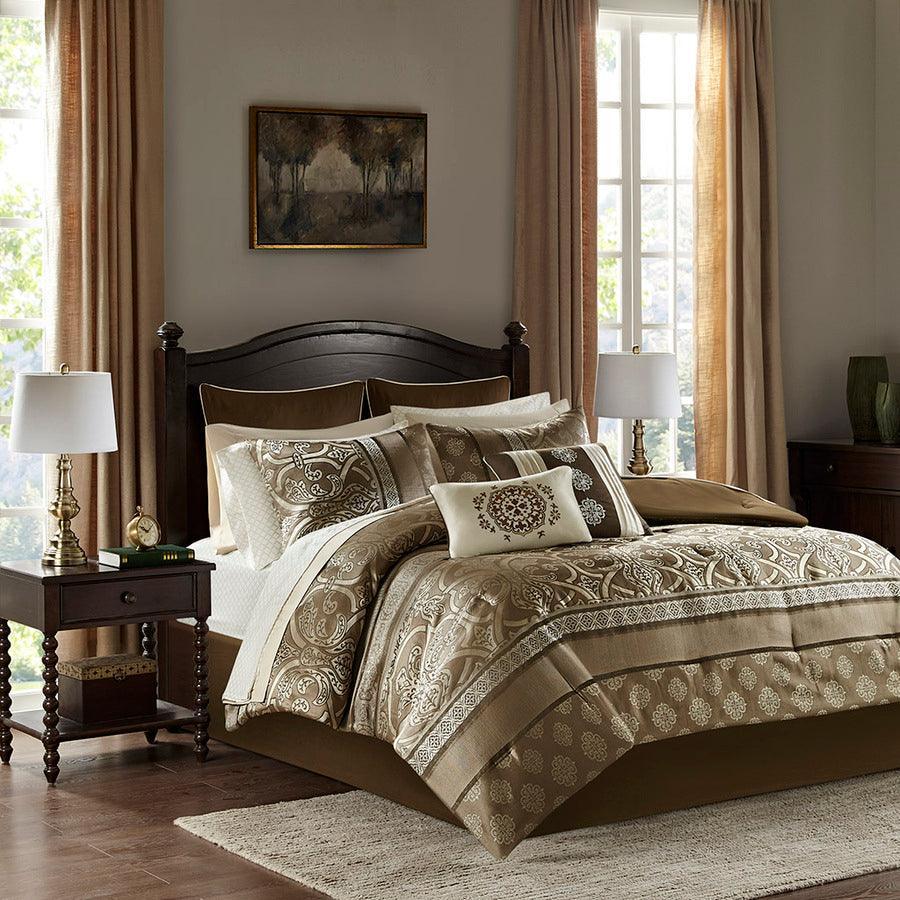 Olliix.com Comforters & Blankets - Zara 16 PC Jacquard Bedding Set With 2 Sheet Sets Brown