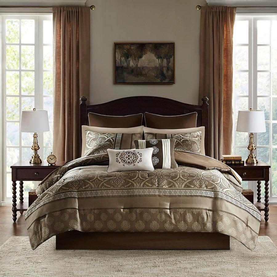 Olliix.com Comforters & Blankets - Zara 16 PC Jacquard Bedding Set With 2 Sheet Sets Brown