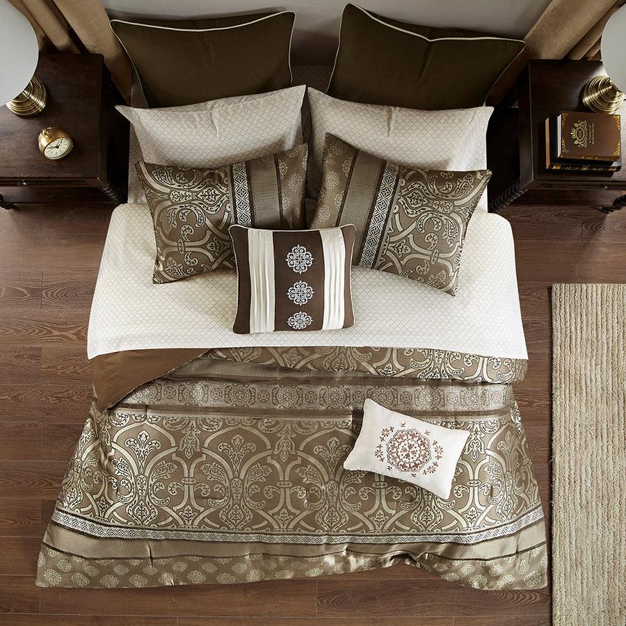 Olliix.com Comforters & Blankets - Zara 16 PC Jacquard Complete Bedding Set With 2 Sheet Sets Brown