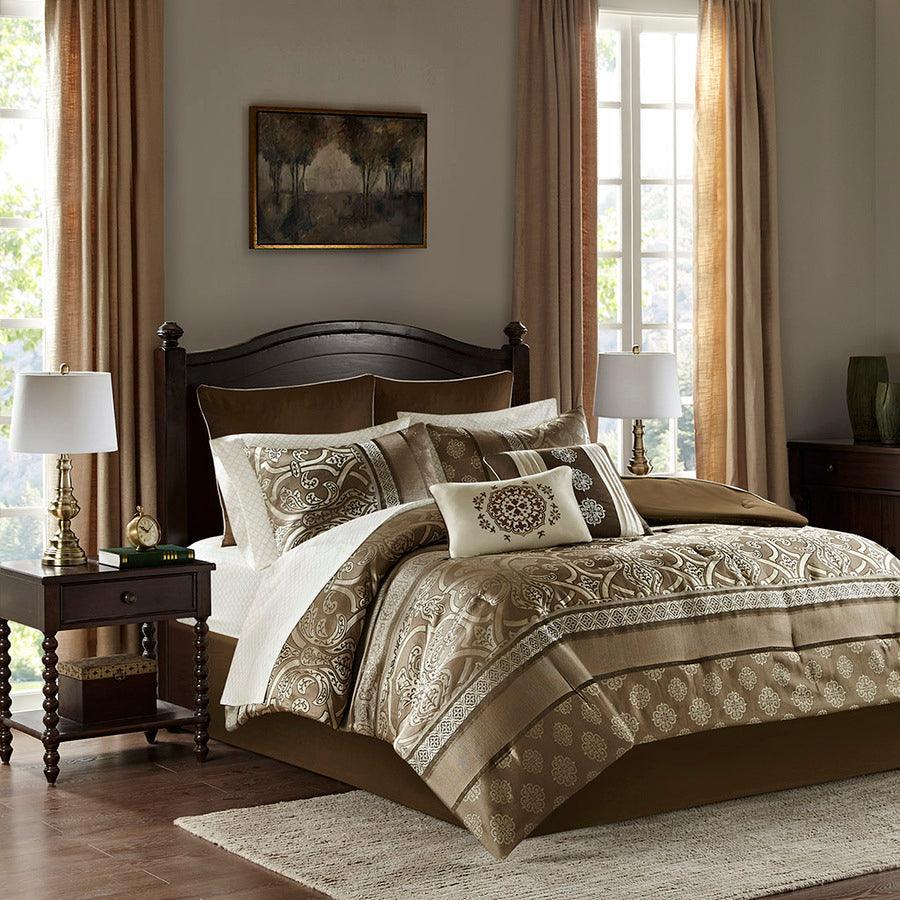 Olliix.com Comforters & Blankets - Zara 16 PC Jacquard Complete Bedding Set With 2 Sheet Sets Brown