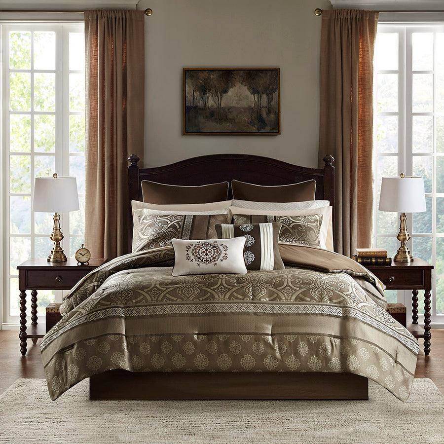 Olliix.com Comforters & Blankets - Zara 16 PC Jacquard Complete Bedding Set With 2 Sheet Sets Brown