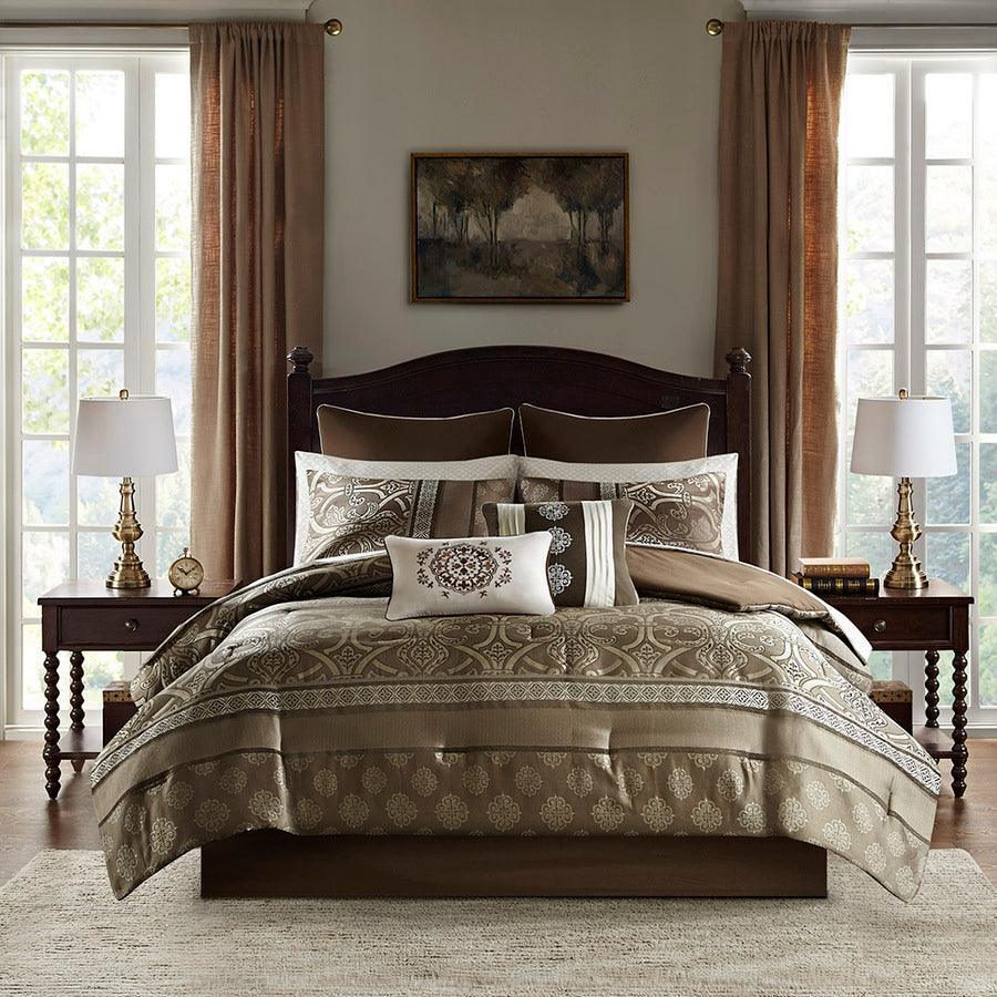 Olliix.com Comforters & Blankets - Zara 16 PC Jacquard Complete Bedding Set With 2 Sheet Sets Brown