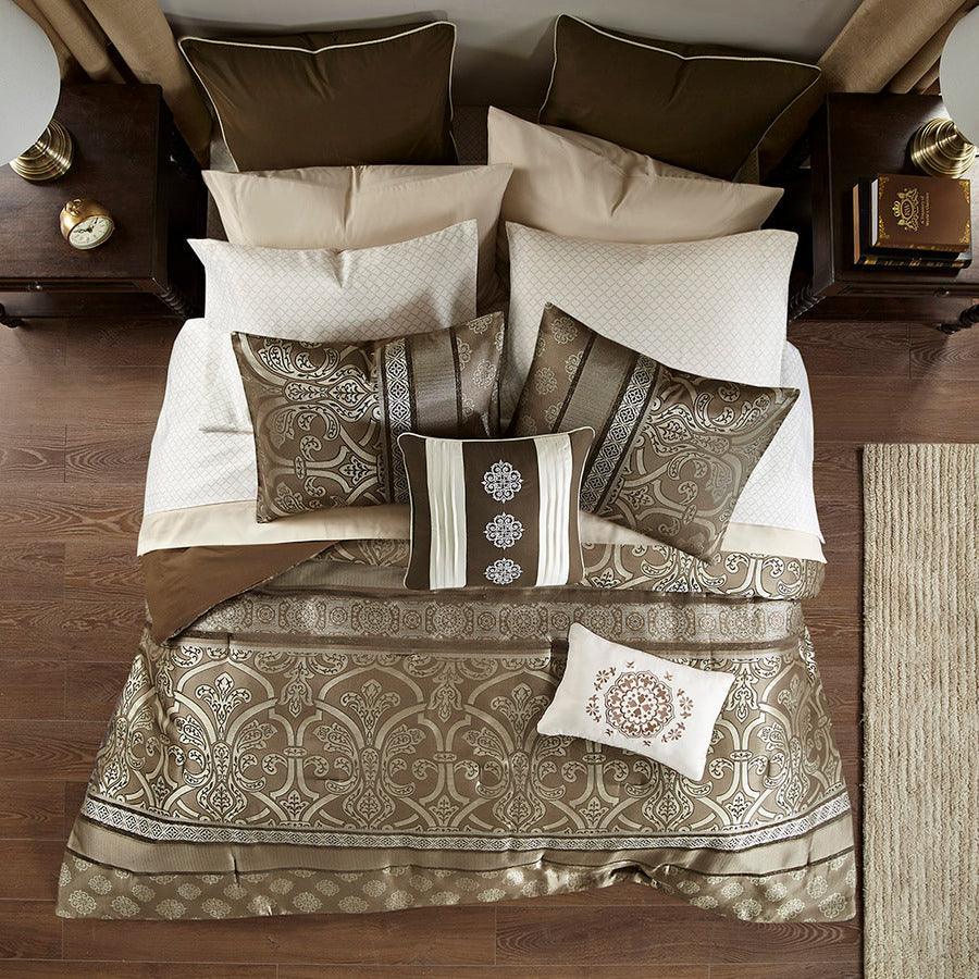 Olliix.com Comforters & Blankets - Zara 16 PC Jacquard Complete Bedding Set With 2 Sheet Sets Brown