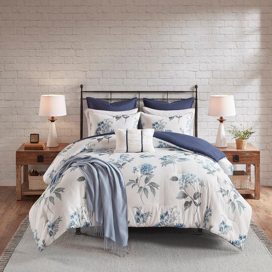 Olliix.com Comforters & Blankets - Zennia Full/Queen 7 PC Printed Seersucker Comforter Set with Throw Blanket Blue