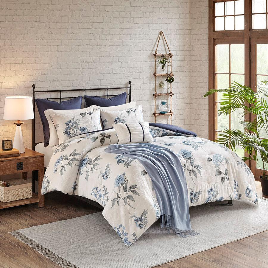 Olliix.com Comforters & Blankets - Zennia King/California King 7 PC Printed Comforter Set with Throw Blanket Blue