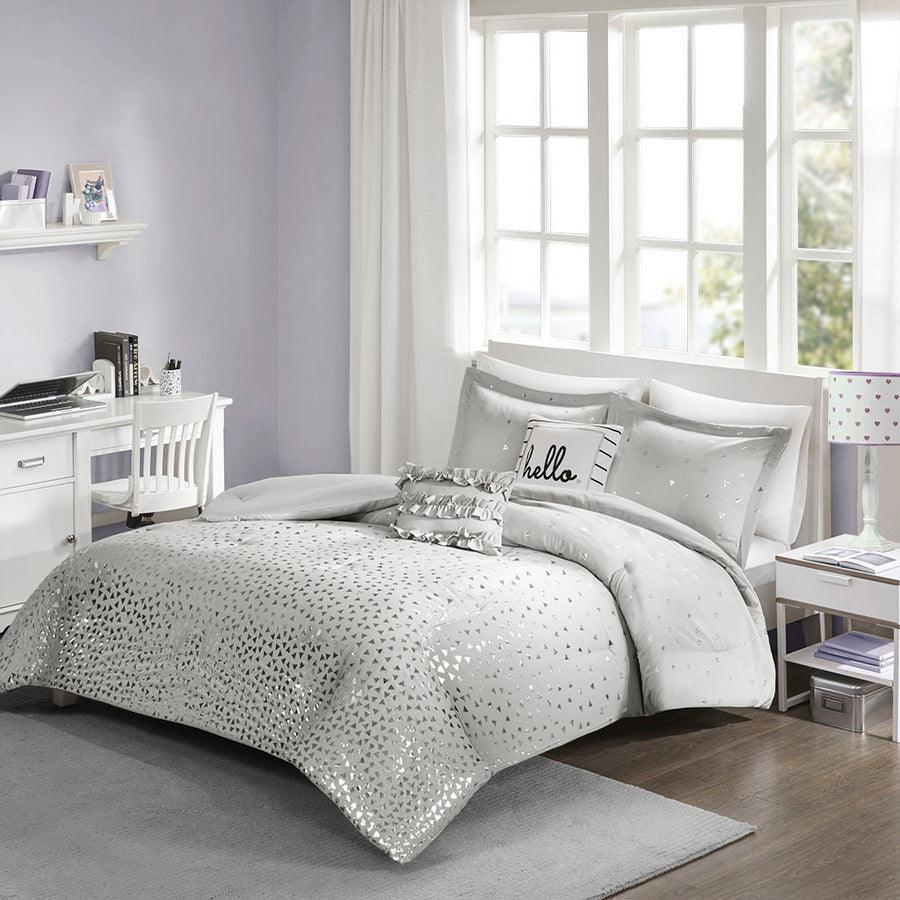 Olliix.com Comforters & Blankets - Zoey Metallic 26 " W Triangle Print Comforter Set Gray & Silver Full/Queen