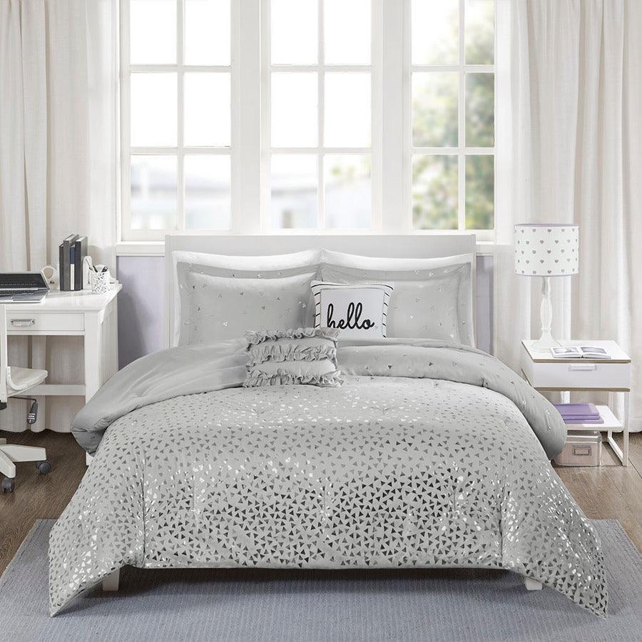 Olliix.com Comforters & Blankets - Zoey Metallic Triangle Print Comforter Set Gray & Silver Twin/Twin XL