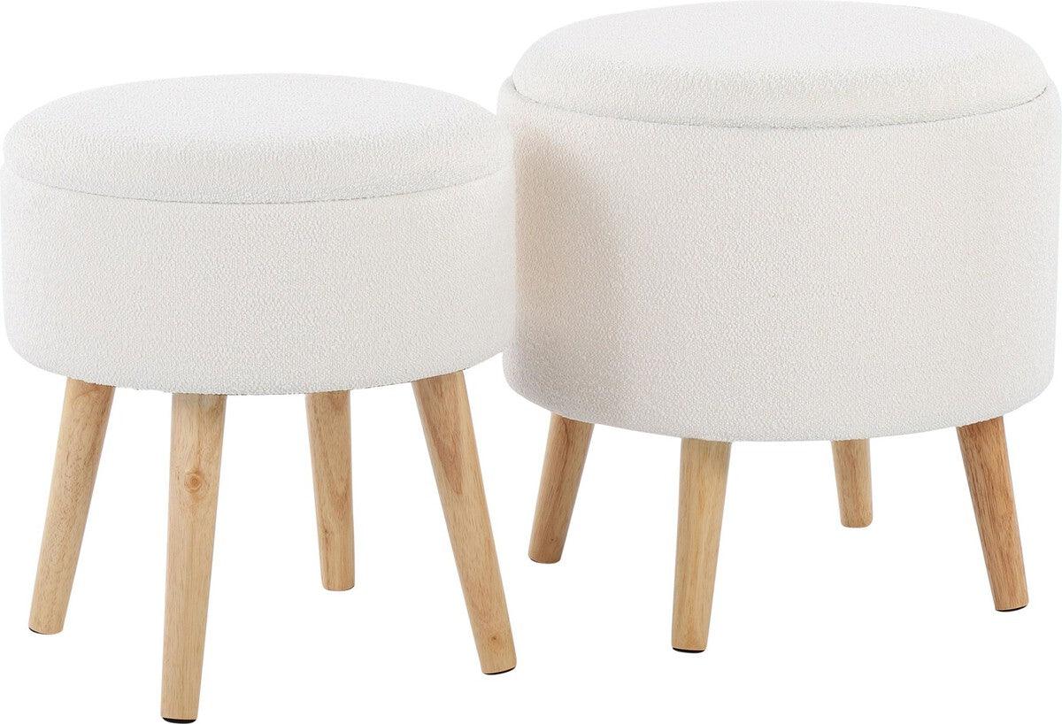 Lumisource Ottomans & Stools - Tray Storage Ottoman With Matching Stool In Textured Cream Fabric & Natural Wood Legs