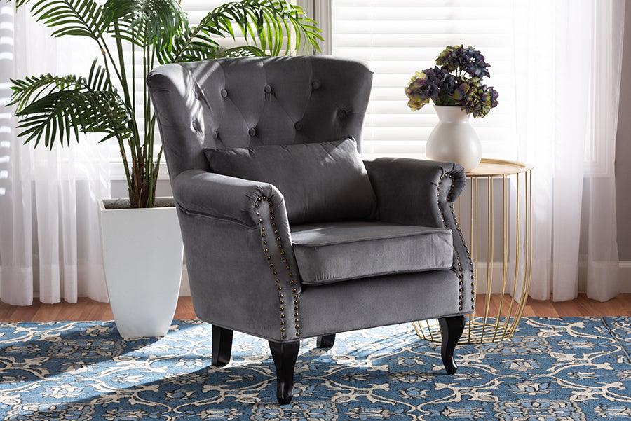 Wholesale Interiors Accent Chairs - Fletcher Classic and Traditional Grey Velvet and Dark Brown Wood Armchair