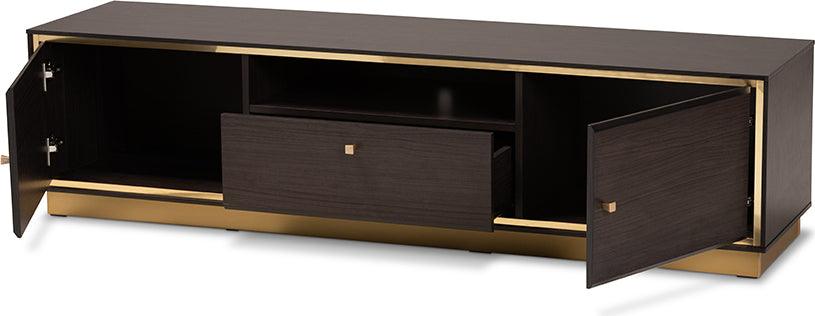 Wholesale Interiors TV & Media Units - Cormac Mid-Century Modern Dark Brown Finished Wood and Gold Metal 2-Door TV Stand