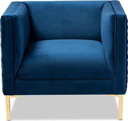 Wholesale Interiors Accent Chairs - Seraphin Glam and Luxe Navy Blue Velvet Fabric Upholstered Gold Finished Armchair