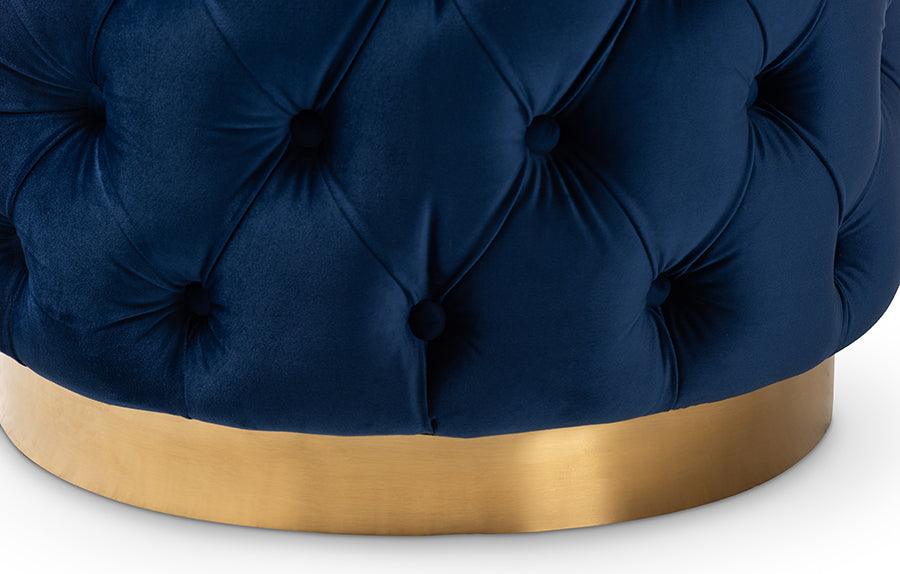 Wholesale Interiors Ottomans & Stools - Valeria Glam Royal Blue Velvet Fabric Upholstered Gold-Finished Button Tufted Ottoman