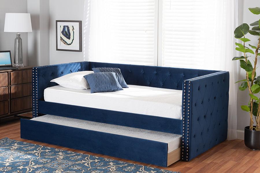 Wholesale Interiors Daybeds - Larkin Navy Blue Velvet Fabric Upholstered Twin Size Daybed with Trundle