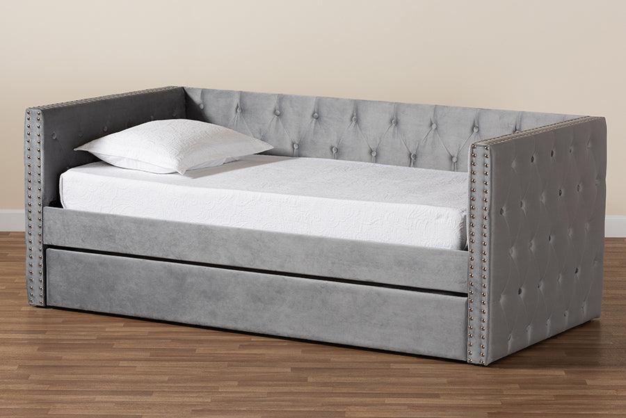 Wholesale Interiors Daybeds - Larkin Grey Velvet Fabric Upholstered Twin Size Daybed with Trundle