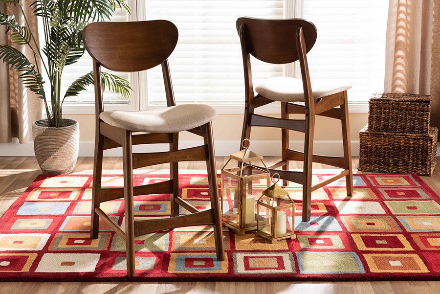 Wholesale Interiors Barstools - Katya Mid-Century Modern Sand Fabric and Brown Wood 2-Piece Counter Stool Set