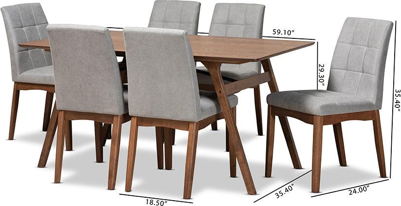 Wholesale Interiors Dining Sets - Tara Mid-Century Modern Light Grey Fabric and Walnut Brown Wood 7-Piece Dining Set