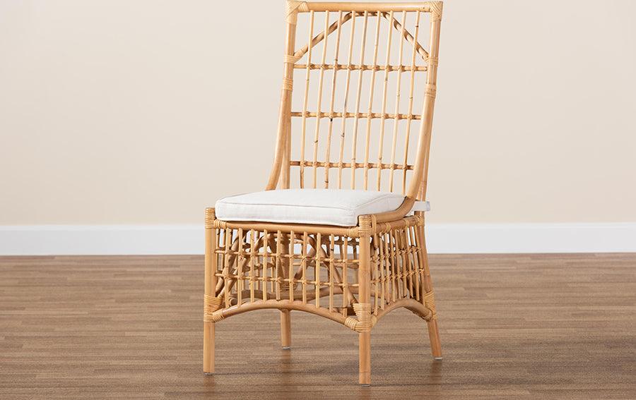 Wholesale Interiors Dining Chairs - Rose Modern Bohemian White Fabric Upholstered and Natural Brown Rattan Dining Chair