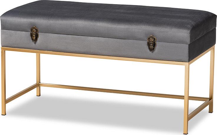 Wholesale Interiors Ottomans & Stools - Aliana Glame Grey Velvet Fabric Upholstered and Gold Finished Metal Large Storage Ottoman