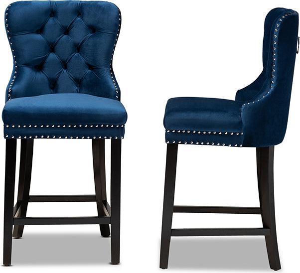 Wholesale Interiors Barstools - Howell Navy Blue Velvet Upholstered and Dark Brown Finished Wood 2-Piece Counter Stool Set