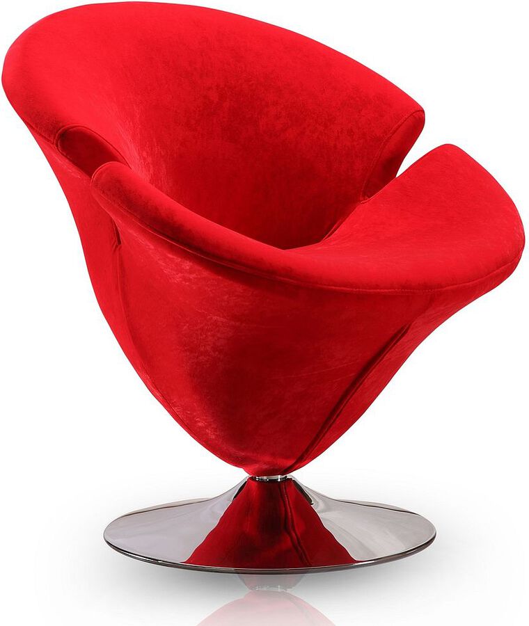 Manhattan Comfort Accent Chairs - Tulip Red & Polished Chrome Velvet Swivel Accent Chair