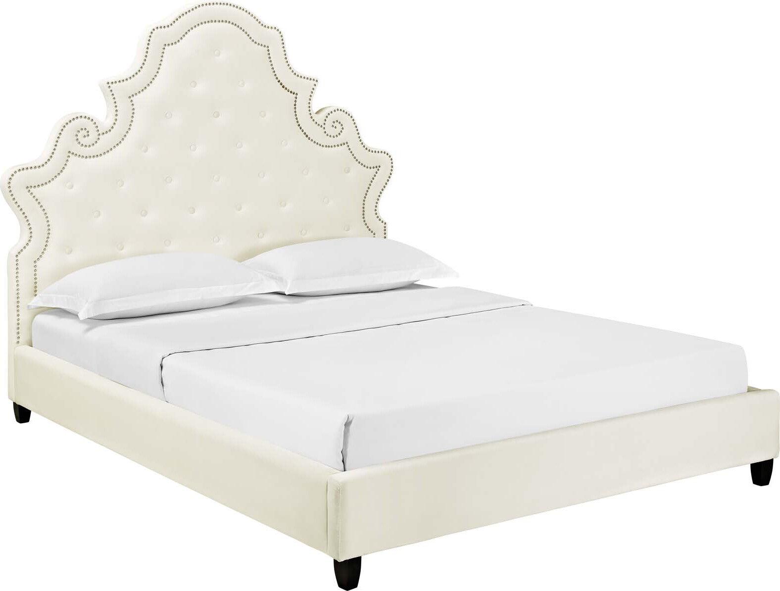 Modway Beds - Valentina Queen Tufted Nailhead Performance Velvet Platform Bed Ivory