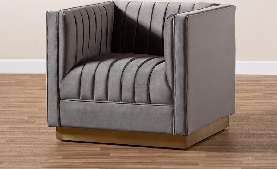 Wholesale Interiors Accent Chairs - Aveline Glam and Luxe Grey Velvet Fabric Upholstered Brushed Gold Finished Armchair