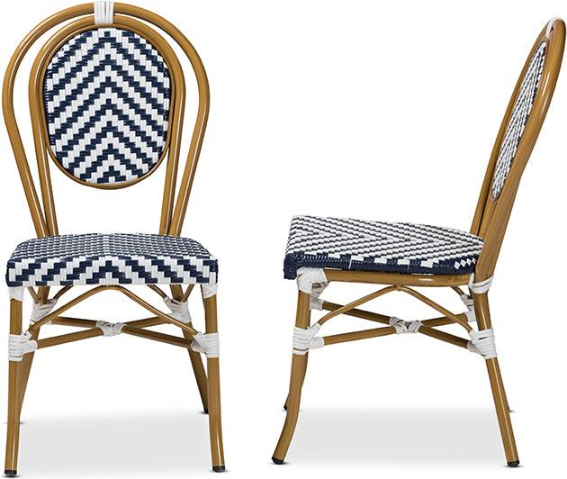 Wholesale Interiors Outdoor Dining Chairs - Alaire Indoor and Outdoor Blue and White Bamboo Style Stackable 2-Piece Bistro Dining Chair Set