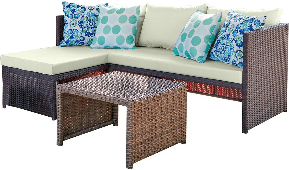 Manhattan Comfort Outdoor Conversation Sets - Menton Patio 2-Seater and Lounge Chair with Coffee Table with Cream Cushions