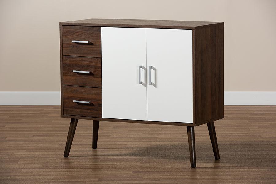 Wholesale Interiors Buffets & Cabinets - Leena Mid-Century Modern Two-Tone White and Walnut Brown Finished Wood 3-Drawer Sideboard Buffet