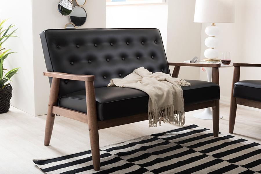 Wholesale Interiors Loveseats - Sorrento Mid-Century Retro Modern Black Faux Leather Upholstered Wooden 2-Seater Loveseat