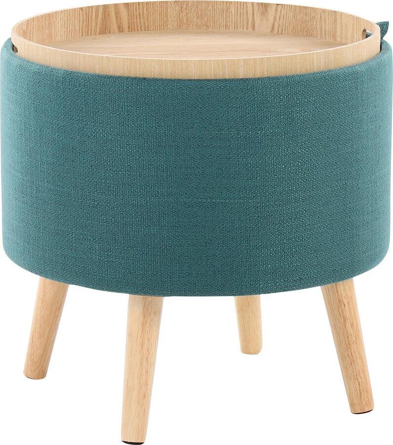 Lumisource Ottomans & Stools - Tray Contemporary Storage Ottoman With Matching Stool In Teal Fabric & Natural Wood Legs
