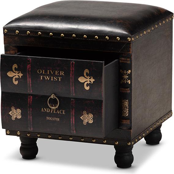 Wholesale Interiors Ottomans & Stools - Charlier Inspired Dark Brown Faux Leather Upholstered Wood Storage Ottoman With Book Spine Drawer